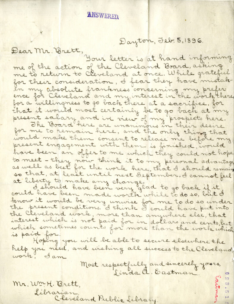 Eastman's 1896 letter to William Howard Brett regarding returning to Cleveland Public Library